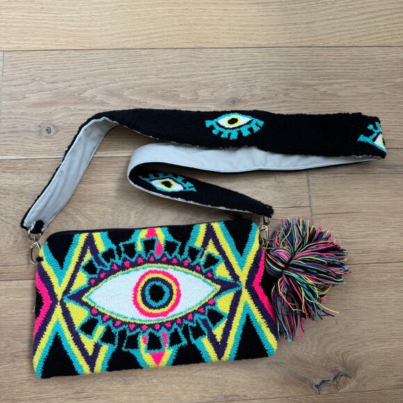 Boutique Handmade Evil Eye Woven Convertible Colorful Clutch Purse Tasseled - Picture 4 of 10